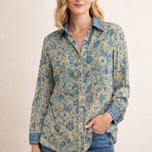 CeCe Beige and Blue Floral Button Down Shirt